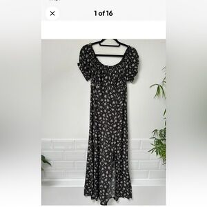 H&M Black Floral Puff Sleeve Midi Dress